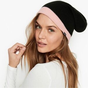 NWT Victoria's Secret Signature Pink and Black Stripe Reversible Beanie